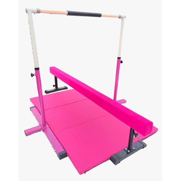 GymPros Barre de Gymnastique Professionnelle Kip Bar pour Enfants Ensemble 3 en 1 avec Poutre d'Équilibre Réglable, Tapis de Chute 6'x4', Barre Horizontale Extensible de 3 à 5 Pi Gymnaste Junior Barre de Gymnastique, Barre Asymétrique Rose