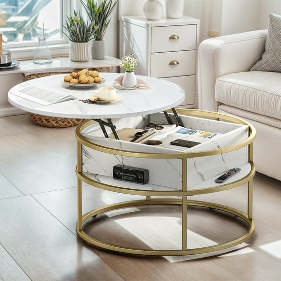 ModFusion White and Gold Marble Pattern Round Lift Top Coffee Table with Storage Compartment for Modern Chic Living Room/Home Office