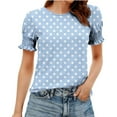 thumbnail image 6 of HomeDM Womens T-Shirts Short Sleeve with Smocked Cuff Crew Neck Polka Dot Loose Fit Pullover Tops - Light Blue/L, 6 of 7