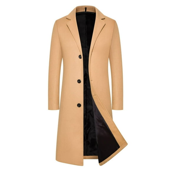 Men's Classic Wool Blend Windbreaker Coat, Mid-Length Thick Warm Winter Overcoat with Stand Collar, Slim Fit Water Resistant Jacket for Big & Tall Sizes, Machine Washable