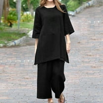 LLYWEY Women’s Plus Size Linen Outfits, 2 Piece Outfits for Women Summer Cotton Linen Casual Matching Set Short Sleeve T Shirts and Wide Leg Long Pants New-33 Black 3XL