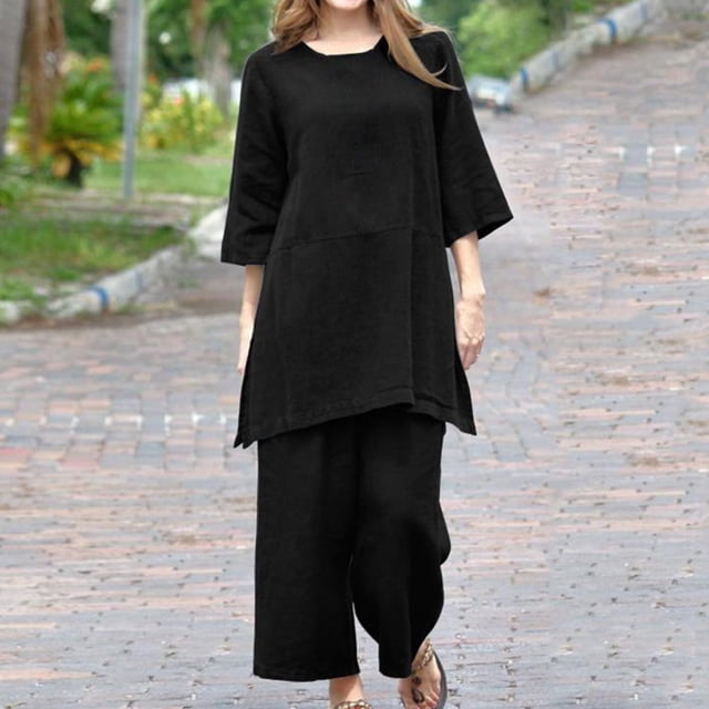TIMIFIS Ensembles en Coton et Lin pour Femmes 2 Pcs Tenues d'Été Décontractées Manches Courtes Col Rond avec Pantalon à Jambe Grand Survêtements - Printemps/été