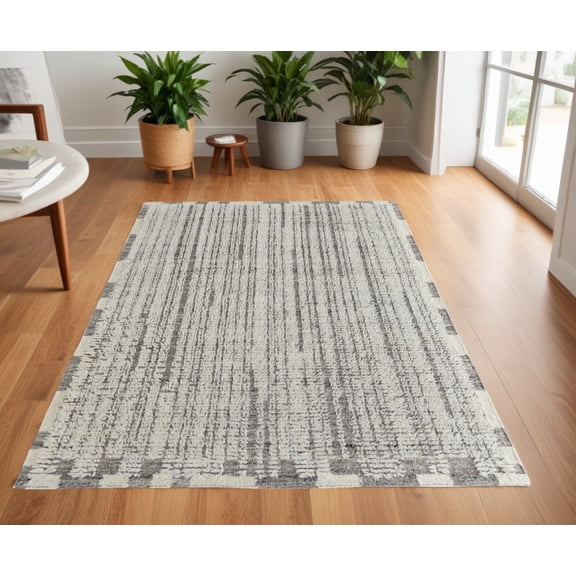 HomeRoots 566528 4 x 6 ft. Wool Striped Hand Woven Rectangle Area Rug, Gray & Ivory