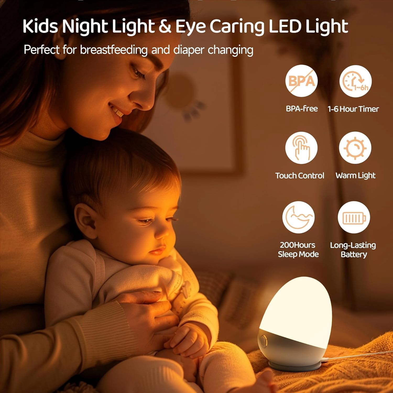 Touch Egg for Baby Nursery, Rechargeable Portable Kids Nightlight Lamp with 1-6H Feeding Timer, 3 Color Temperatures Dimmable, Ideal for New Moms of Toddlers