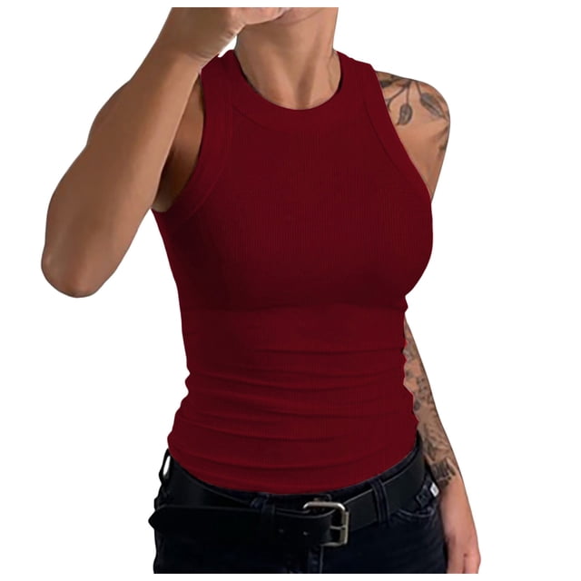 MIASHUI Camisole pour Femme Sans Manches Côtelée Chandail de Base Été Décontracté Sortie Vêtements, Rouge, TG