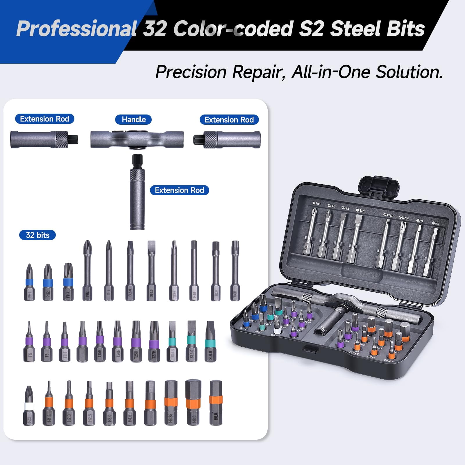 34-in-1 Magnetic Set With Ratcheting Handle Extension & 32 Precision Bits Portable Multitool Gadgets For Electronics Furniture Bicycle  Diy Repair Kit