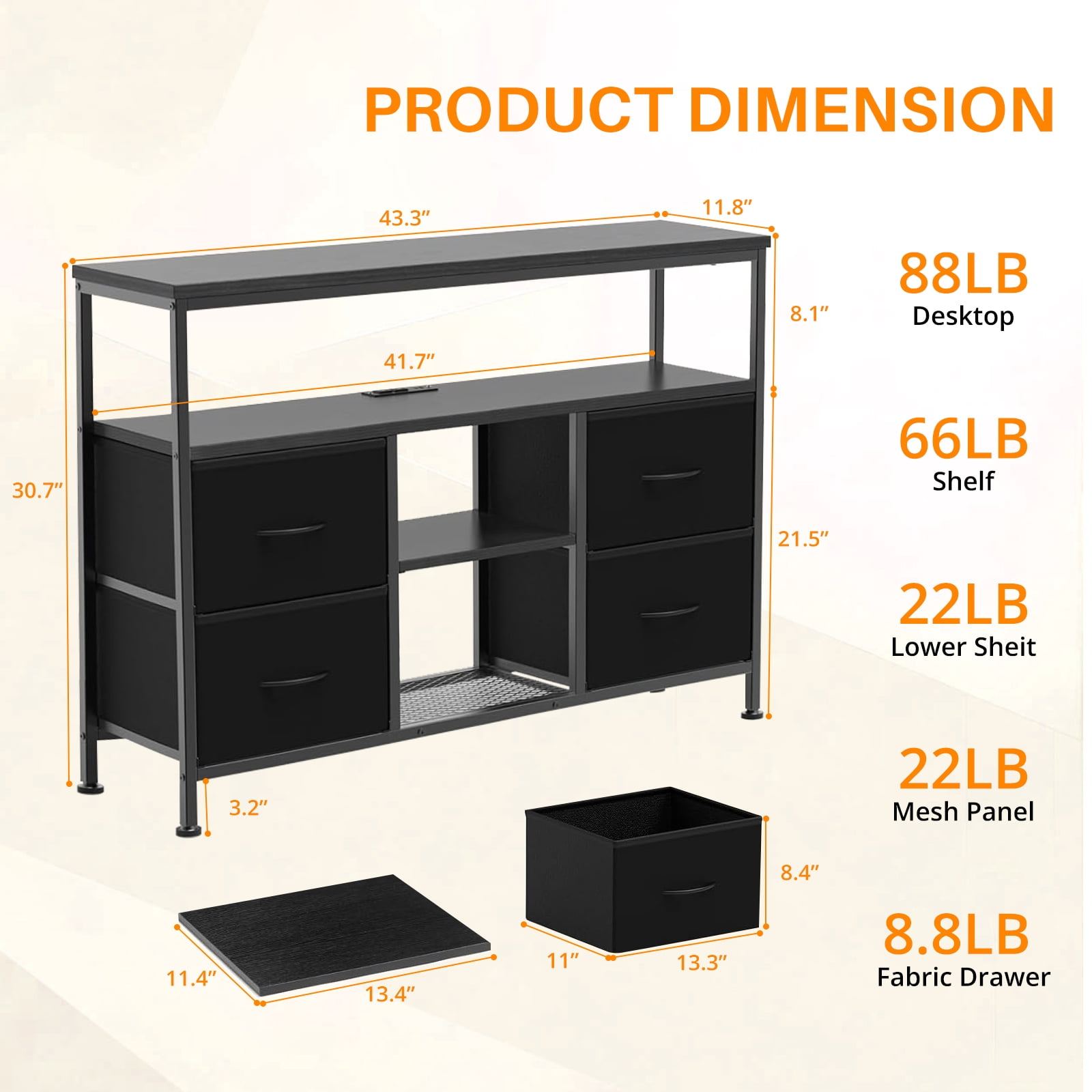 Simenmax TV Stand Dresser, Smart LED TV Stand with Charging Station, 4-Drawer Media Console for Living Room & Bedroom, Fits 50 Inch TV, Adjustable Feet, Black