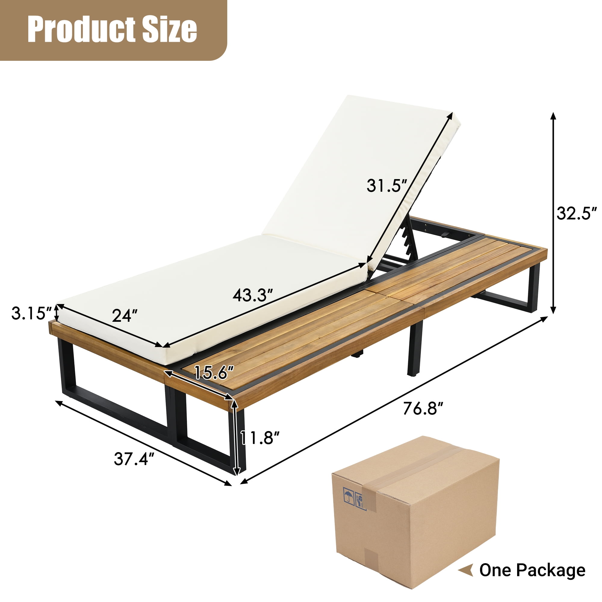 Euroco Outdoor Chaise Lounge Chair Set of 2 with 5-Position Adjustable Backrest , Reclinings with Cushions, Patio Loungers with Wood Side Table, Sturdy Frame