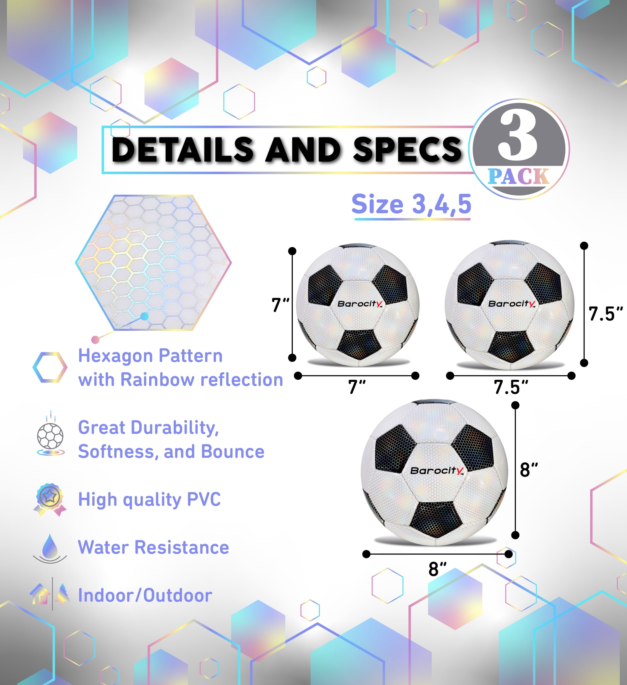 Barocity Iridescent Soccer Balls Set of 3 - Classic Black and White Official Match Balls with Reflective Hex Pattern, Sport Soccer Balls for Indoor, Outdoor Training and Practice - Sizes 3, 4, and 5