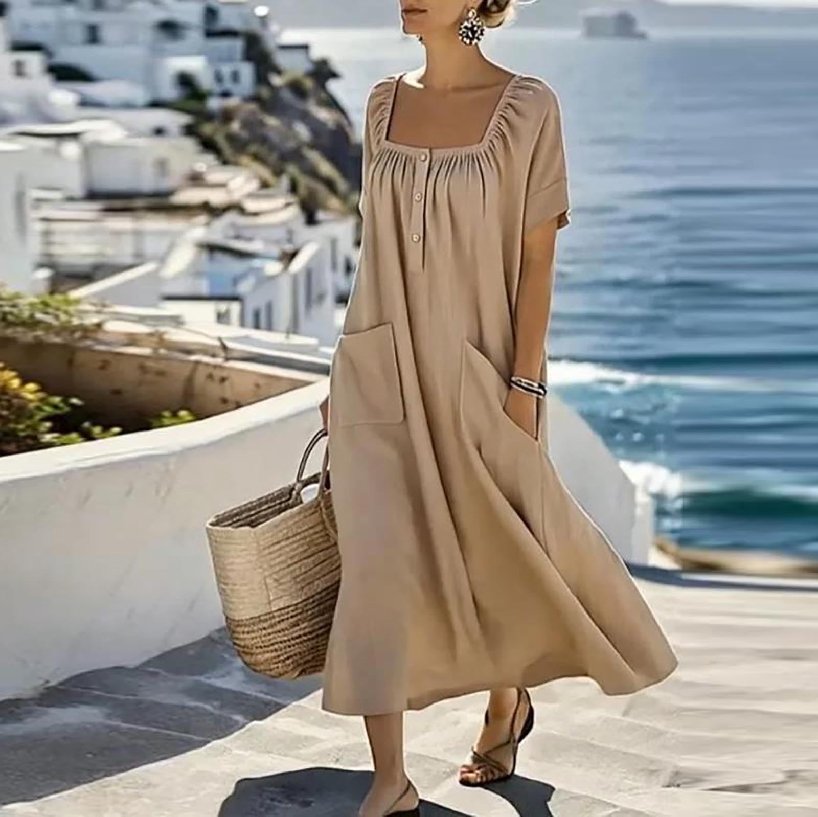Sentmoon Boho Maxi Dress Sundresses for Women 2026 Summer Short Sleeve Square Neck Regular Fit Dress for Women with Pockets for All Seasons and Occasions S-3XL