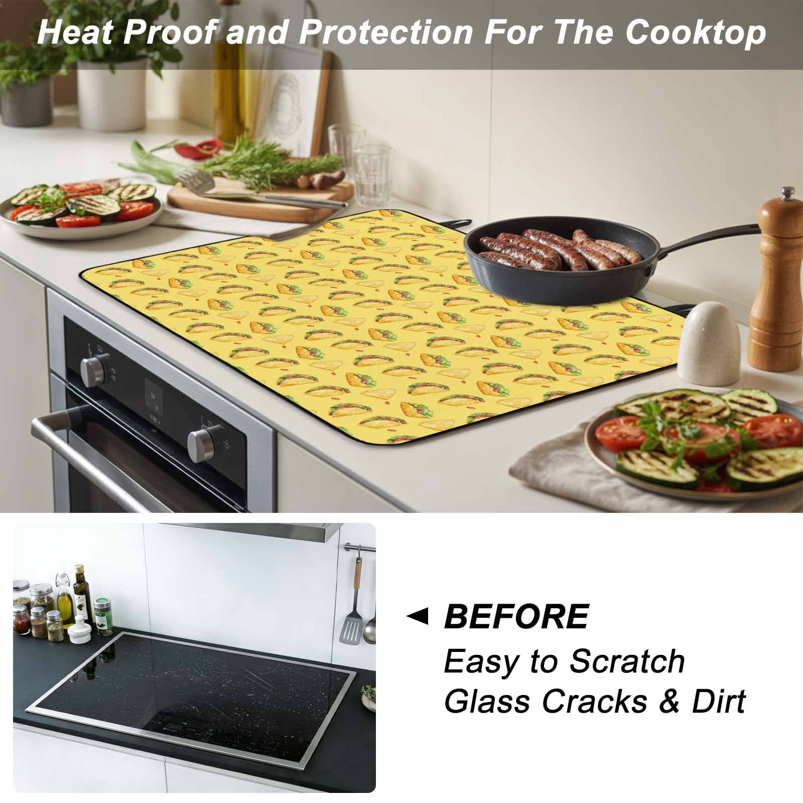 Yellow Tacos Stove Top Cover for Electric Stove, Heat-proof & Non Slip Glass Top Stove Cover Protector, Cheese Vegetables Cartoon Food Kitchen Flat Cooktop Rubber Mat 24x21 Inches