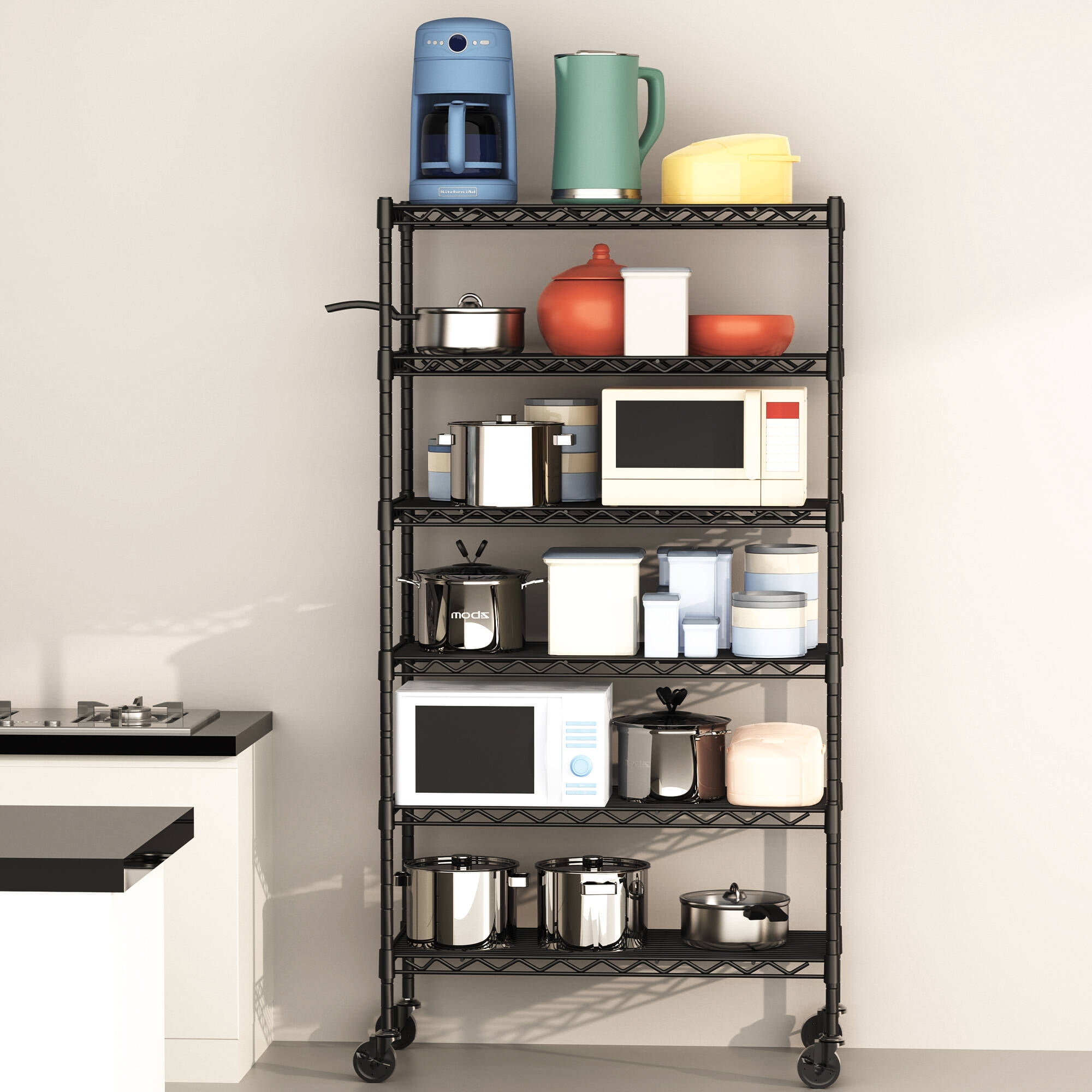 YOHKOH 6-Wire Heavy Duty Shelving Metal Storage Rack with Wheels, MAX 2000LB, Carbon Steel Adjustable Unit Shelves for Laundry Garage Kitchen (36L x 14W x 74.9H, Black)