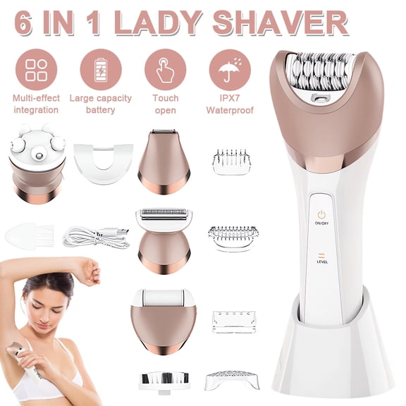 Multifunctional 6-in-1 Electric Epilator for Women IPX7 Waterproof USB Rechargeable Cordless Hair Removal Kit Shaver Bikini Trimmer Foot File Exfoliator Massager for Full Body Use