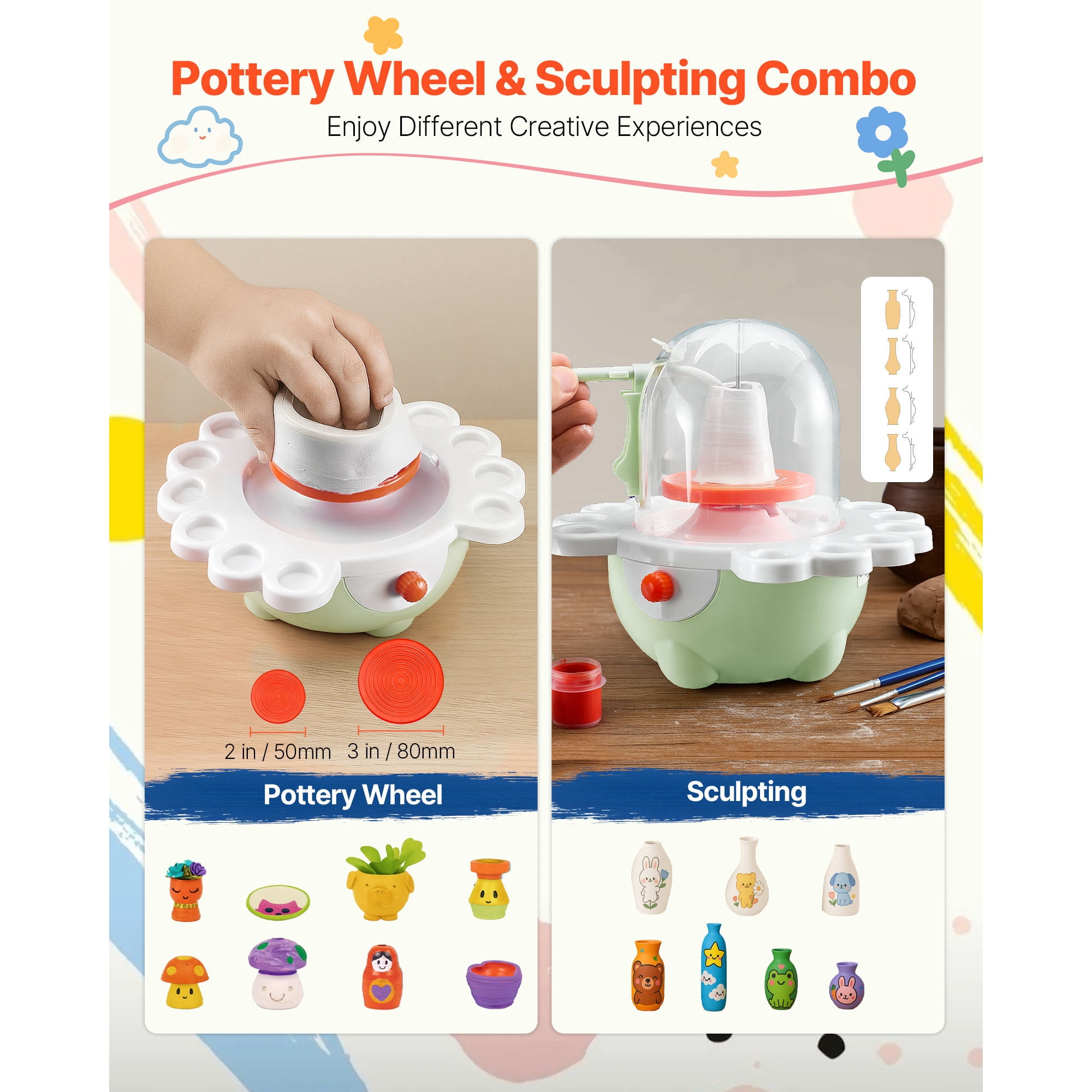 KFFKFF Mini Pottery Wheel with Adjustable Speed, 2 in and 3 in Turntables, Electric Clay Wheel for Beginners and Kids, Includes Clay Sculpting Tools, Ideal Gift for Boys and Girls, Green