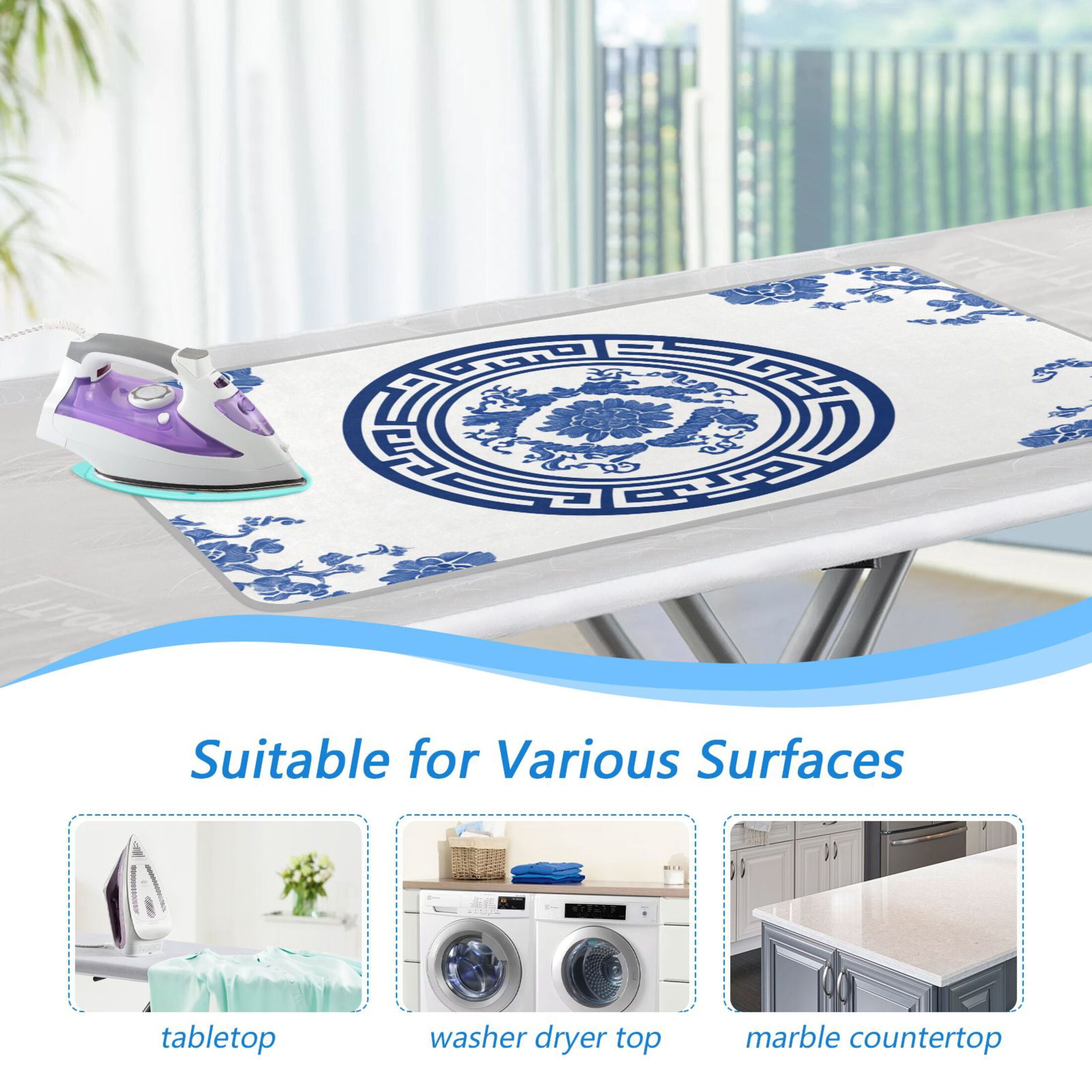 Traditional Blue White Porcelain Pattern Ironing Mat Blanket Portable Travel Ironing Pad Heat Resistant Pad 47.2" x 27.6”