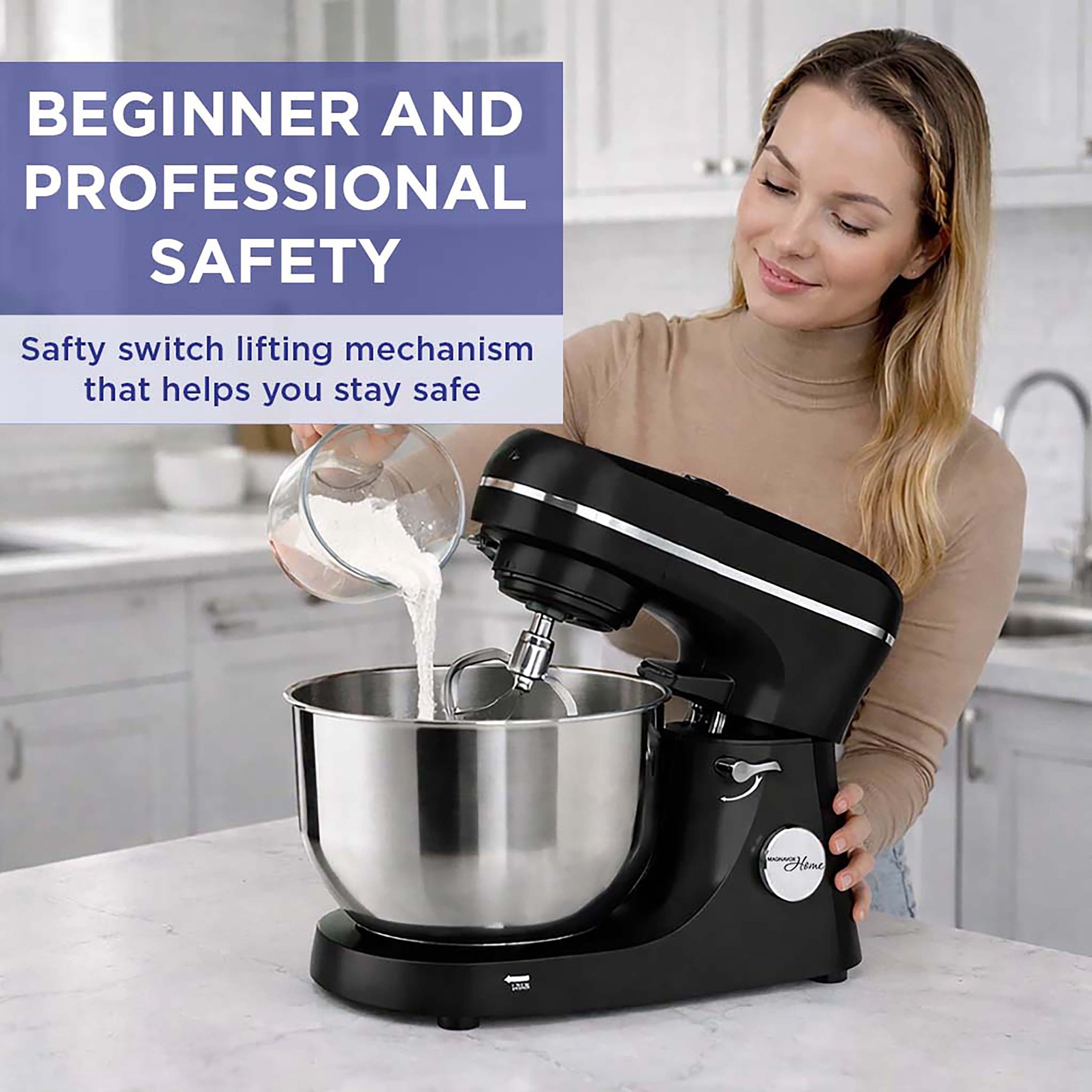 Magnavox 6.0L Digital Touch Screen Stand Mixer with Stainless Steel Bowl, 11-Speed, Tilt-Head, Planetary Mixing, 660W Motor, Dough Hook, Beater, Whisk, Bowl Cover, Black