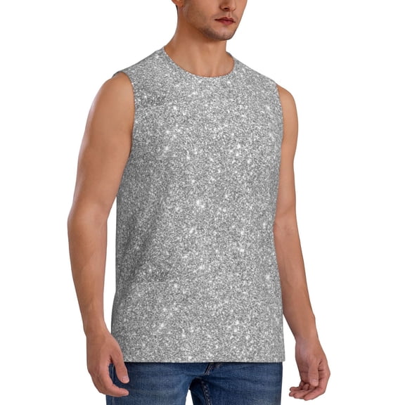 Lsque GlitterSilver Print Men's Cotton Blend Sleeveless Muscle Shirts (S-3XL)- Moisture Wicking, Odor Protection, UPF 30 ,Small