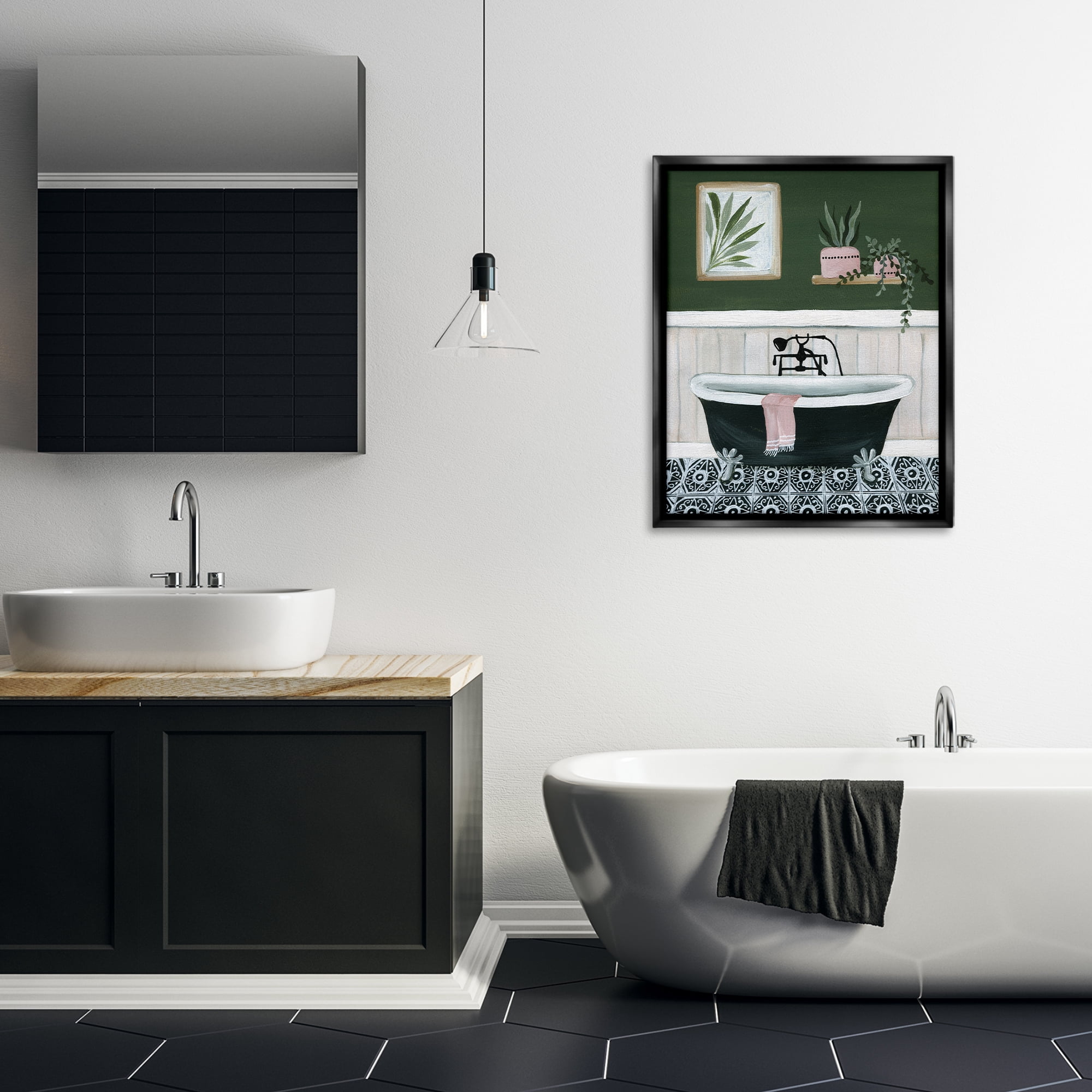 Stupell Industries Green Bathroom Scene Typography Painting Black Floater Framed Canvas Art Print Wall Art, 25 x 31