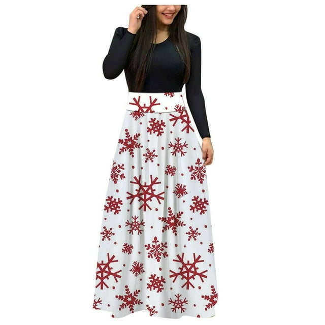 Robe Maxi à Imprimé de Noël pour Femmes, Manches Longues, Longue Robe Maxi, Robe Décontractée pour Dames