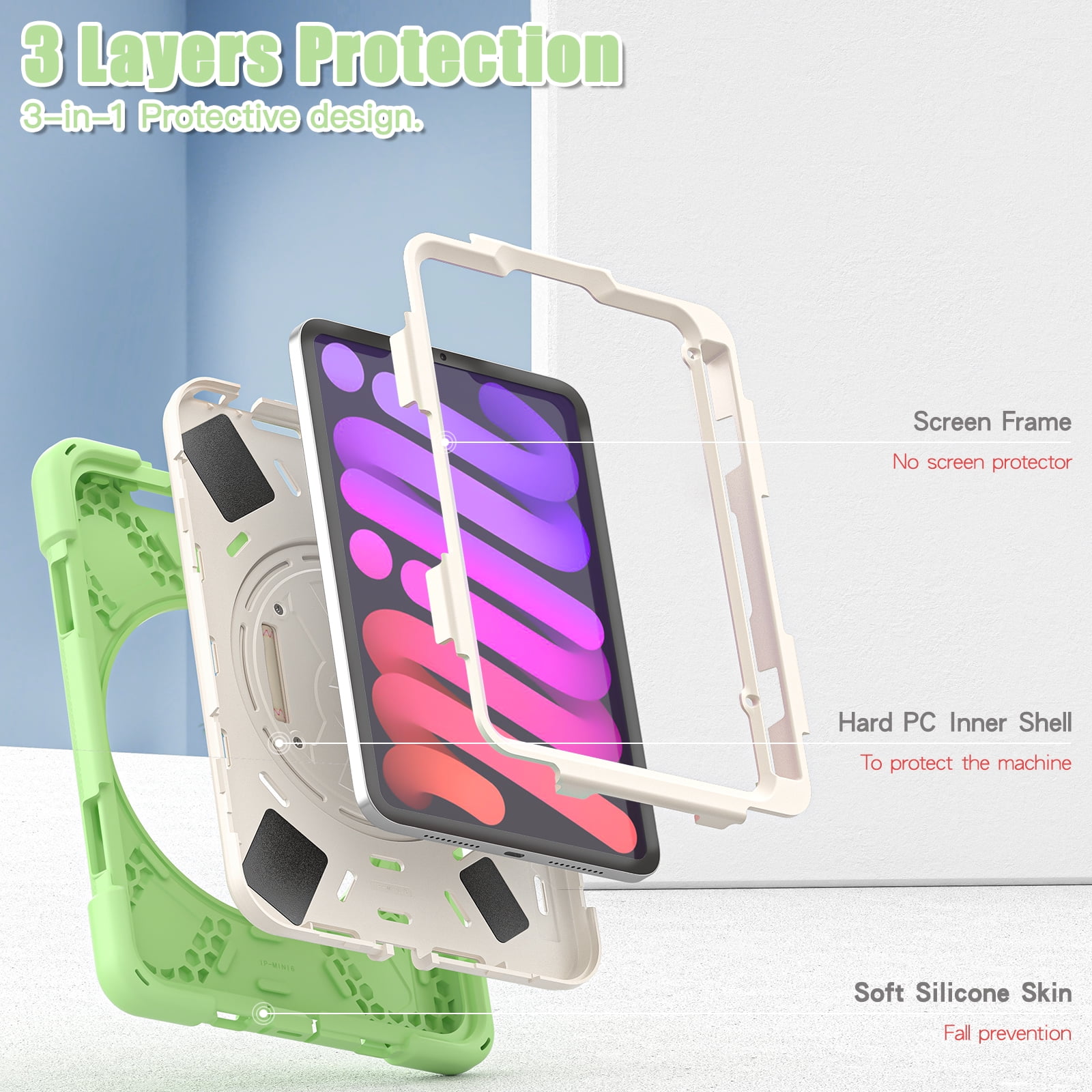 Rugged Case for 2021 Apple iPad Mini 8.3" (6th Generation 2021 Release) - Rotating Stand Case with Adjustable Hand/Shoulder Strap, Built-in Pencil Holder, Shockproof Hard Cover (Spring Green)
