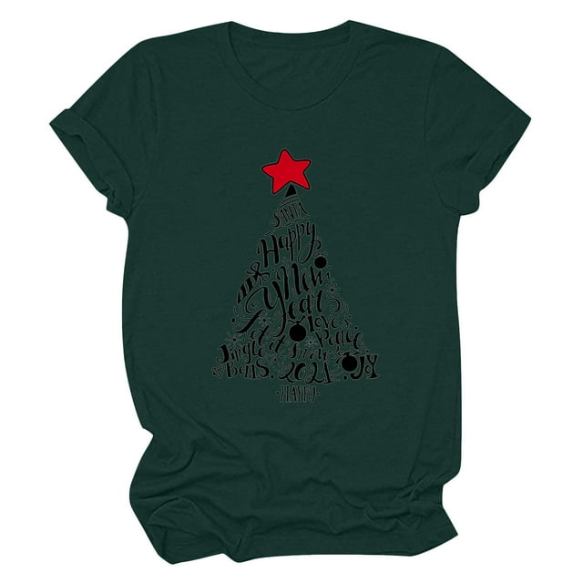 T-shirt Décontracté pour Femmes à Col Rond et Manches Courtes avec Imprimé de Sapin de Noël