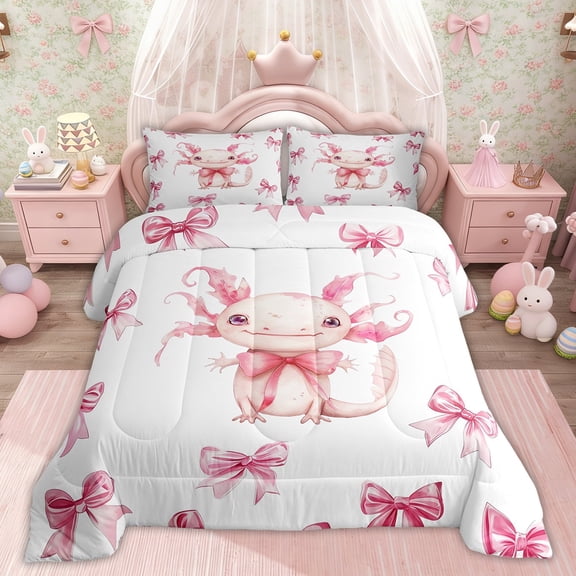 Erosebridal Princess Bowknot Comforter Sets Twin Size for Kids Girls, Kawaii Axoxotl Pet Bedding Sets, Pink Reversible, 2pcs