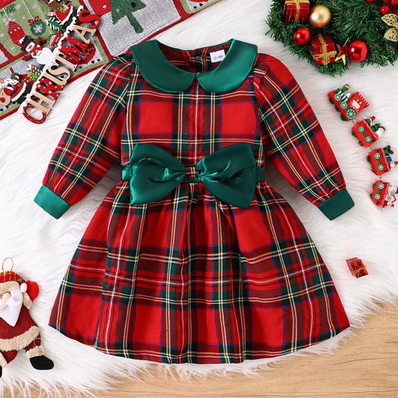 Kids Dress Long Sleeve Checkered Bowknot Comfortable Lightweight for Christmas Dress Set
