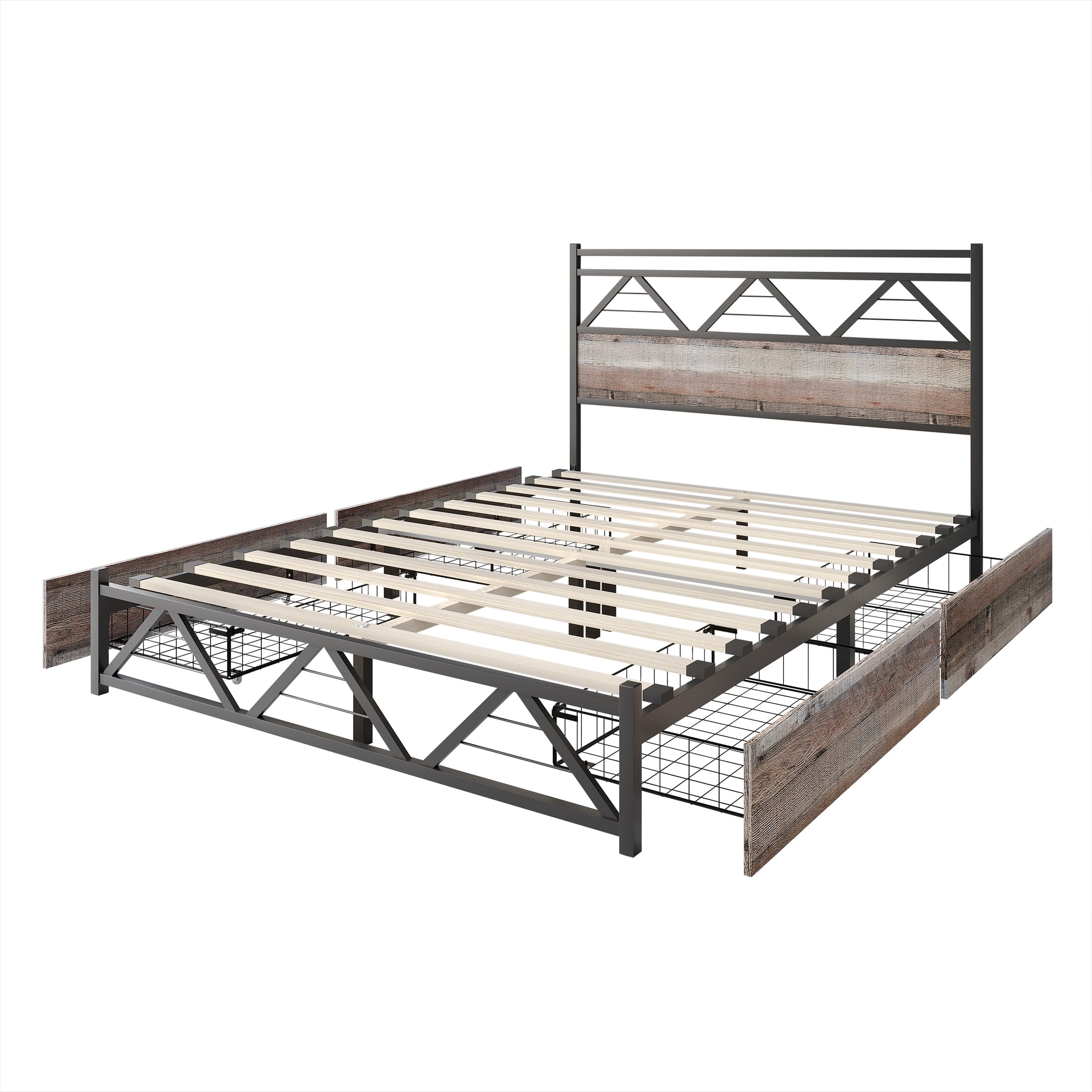 Castle Place Vintage Queen Metal Platform Bed with 4 Storage Drawers, Natural Oak