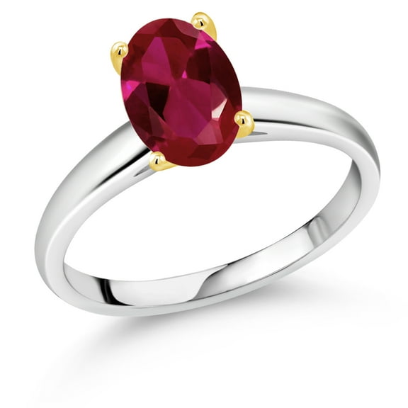 Gem Stone King 2.00 Cttw Red Created Ruby Solitaire Engagement Ring for Women | 925 Silver and 10K Yellow Gold | Oval 9X7MM | Gemstone July Birthstone | Wedding Engagement Anniversary Ring