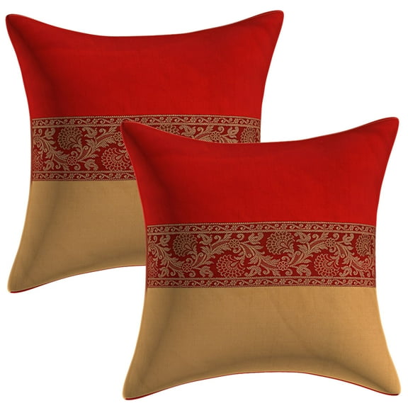 Stylo Culture Indian Couch Throw Pillow Covers 16 x 16 Brocade Jacquard Patchwork Red Beige Traditional 40cm x 40cm Lounge Decor Polydupion Floral Square Cushion Covers | Set Of 2