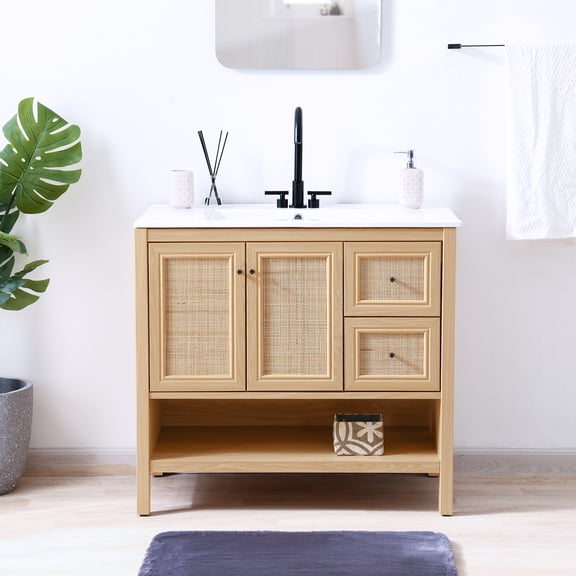 JONATHAN Y Jasper 36 in. W x 18 in. D x 33 in. H, Rattan 2-Shelf, Bath Vanity Cabinet ONLY, Oak, VAN1025A