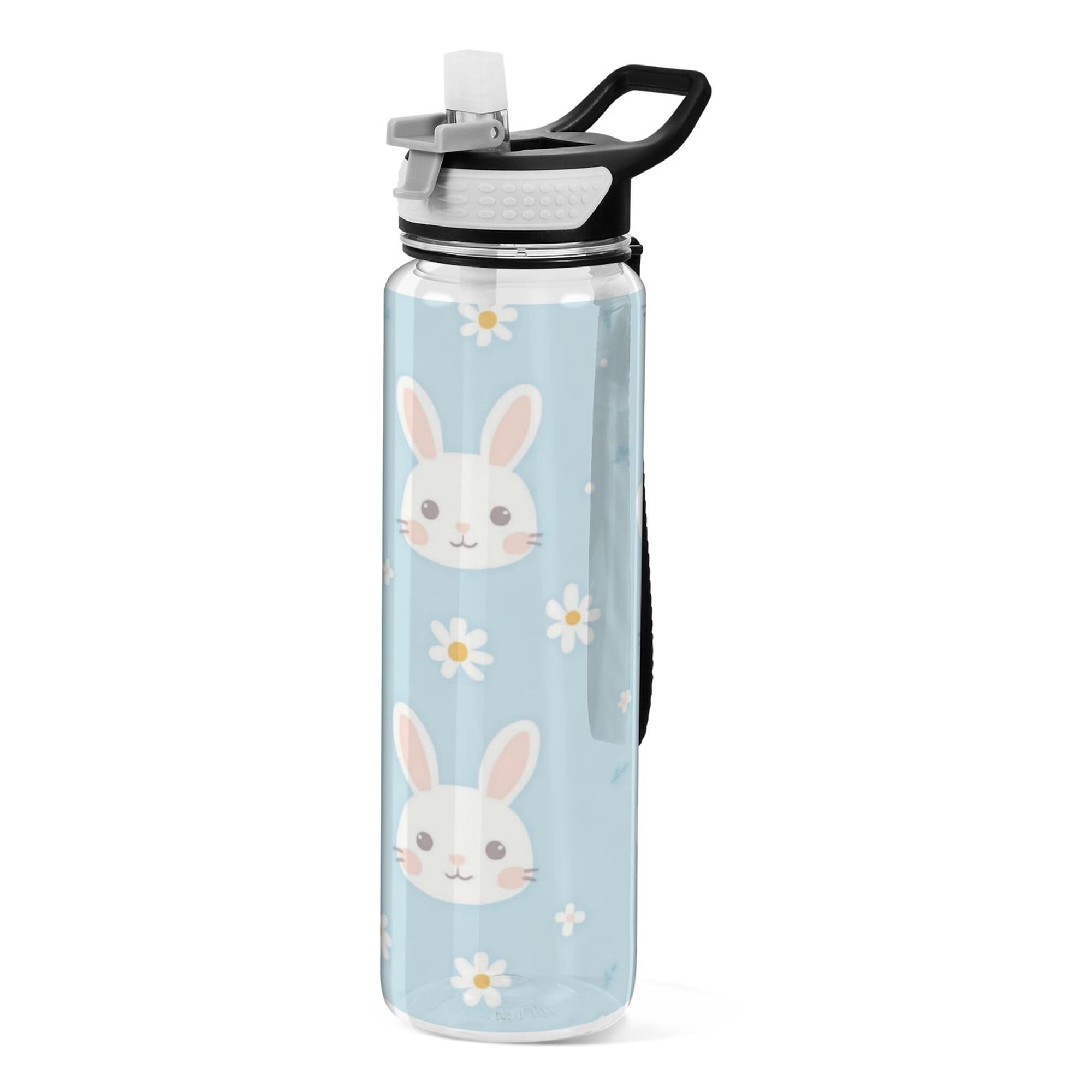 32oz Transparent Sports Water Bottle with Straw for Kids Adults Outdoor School Gym Fitness Blue Bunnies and Flowers