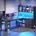 thumbnail image 3 of SEDETA 61 Inch L Shaped Office Desk with Storage, Farmhouse Large Computer Desk with 3 Drawers, 11 Open Shelves and Power Outlet, Corner Gaming Desk with LED Light and Display Cabinet, Black, 3 of 8