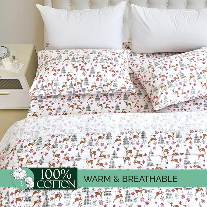 Elegant Comfort - 4 PIECE Holiday Christmas Flannel Cotton Sheet Set, Deep Pocket Fitted - Queen, Plaid Deer