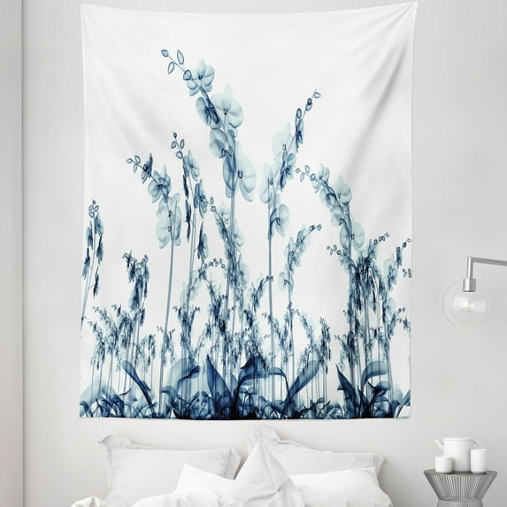 Floral Tapestry, X-ray Photo of Group of Wild Orchid Floral Image Unsual Art Elements Print, Fabric Wall Hanging Decor for Bedroom Living Room Dorm, 5 Sizes, Teal White, by Ambesonne