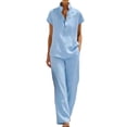 thumbnail image 2 of TaTaai Two Piece Sets for Women Short Sleeve Stand Collar Shirt High Waist Wide Leg Pants Casual Summer Outfits, 2 of 7