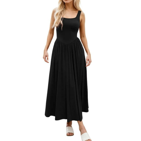 Adeawade Winter Dresses For Women Dress Square Neck Long Sleeveless Maxi Dress For Outing Spring Summer Fall Flowy Solid Color Strap Dress Black L
