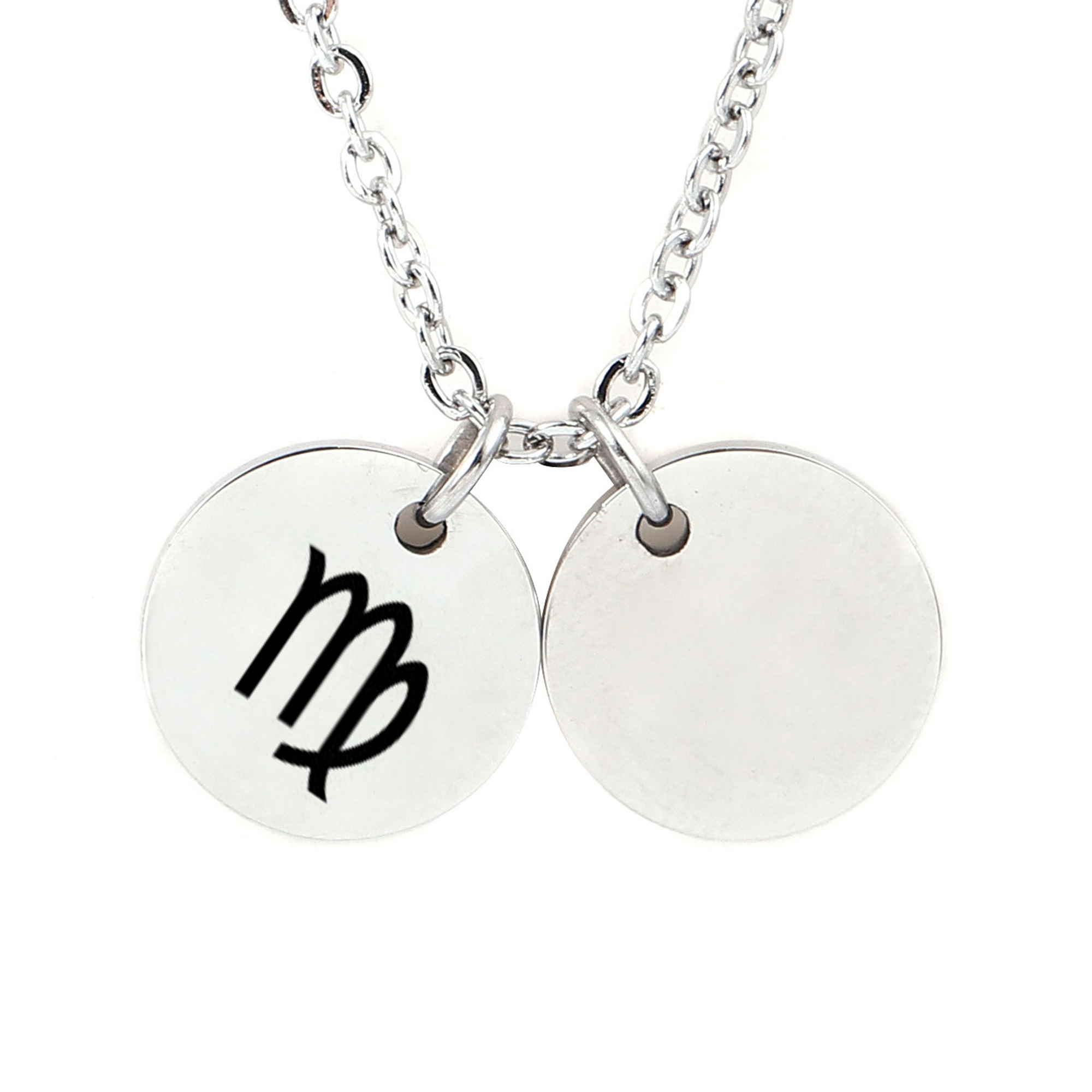 Personalized Round Constellation Initial Necklace - Engraved Zodiac Symbol Jewelry - Christmas Gift for Her - Stainless Steel - 18" Chain - Silver Virgo