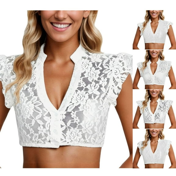 Womens Dirndl Style Blouse V Neck Short Sleeve Elegant Traditional Design Top