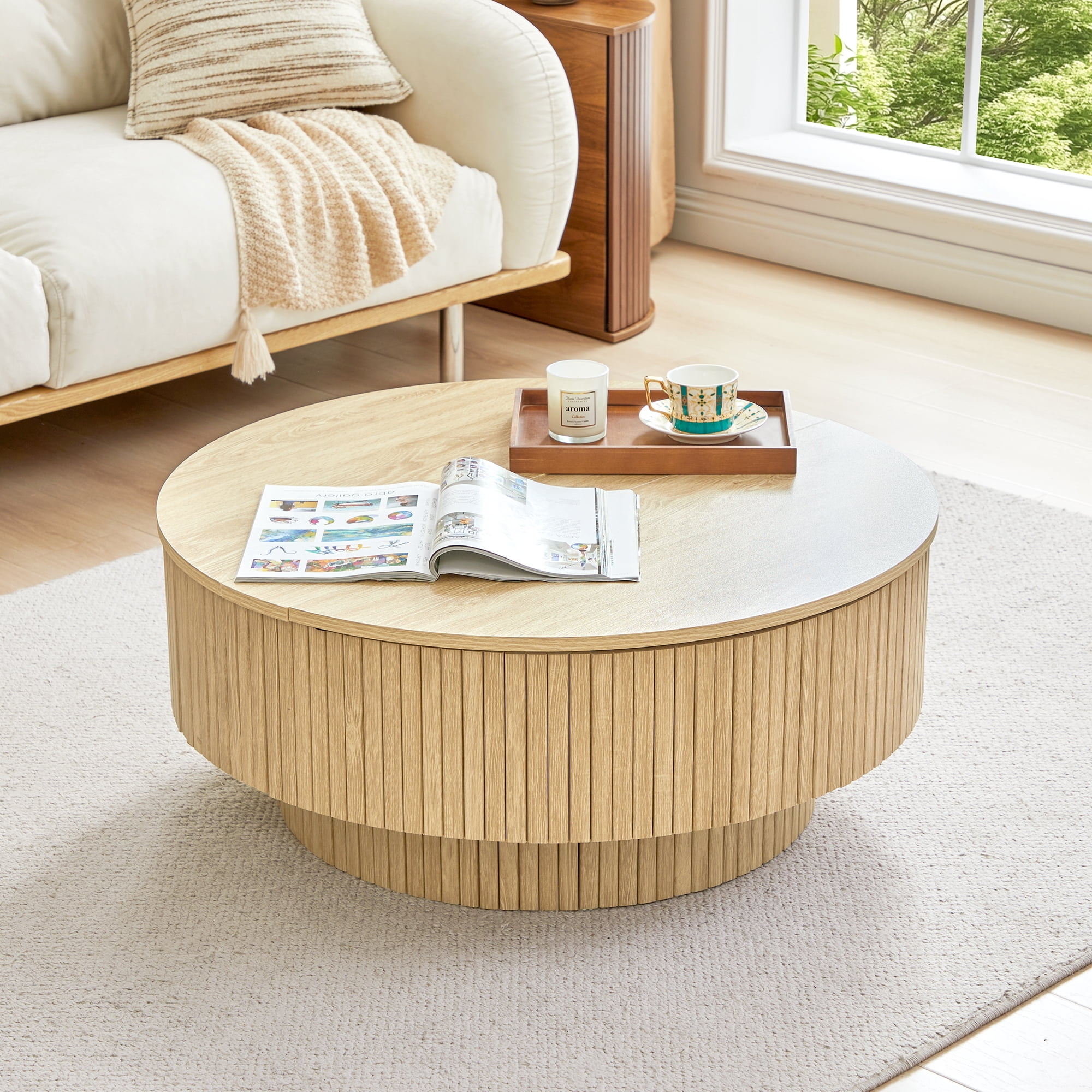 PHOYAL 4 in 1 Fluted Round Coffee Table with Flip Top and Lift Top, Round Coffee Table with Hidden Compartments Storage for Living Room, Natural