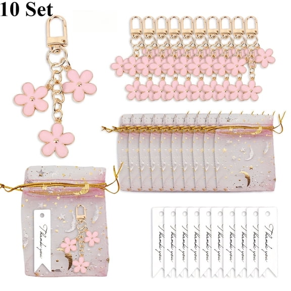 10 Sets Flower Keychain Bulk Enamel Keychain Charms with Gift Bags and Thank You Tags for Party Favors Bag Decor & Earphone Case, Cup, Keyring Purse Decoration