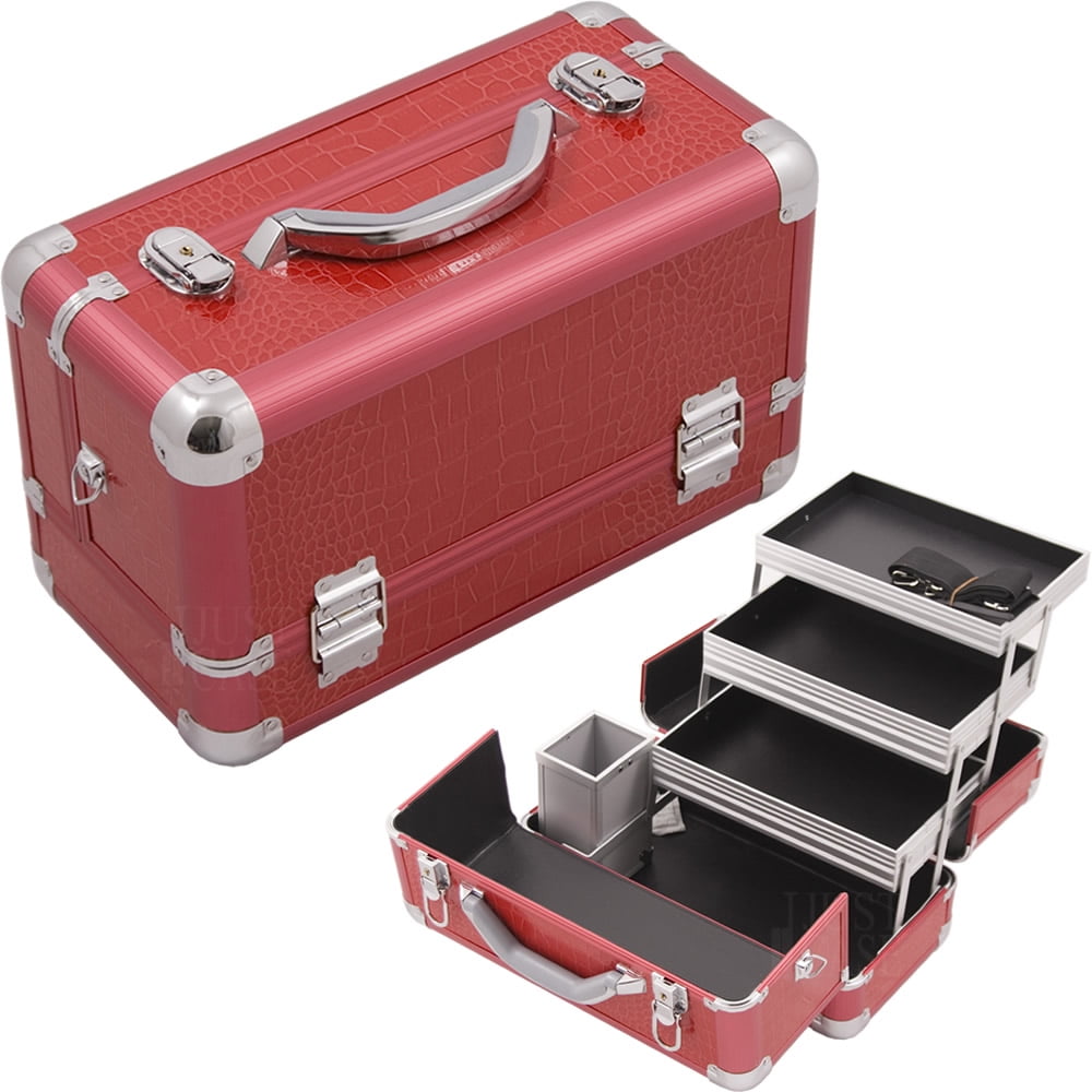Makeup Train Case Professional Aluminum Trimming, 3 Tier Tray and Brush