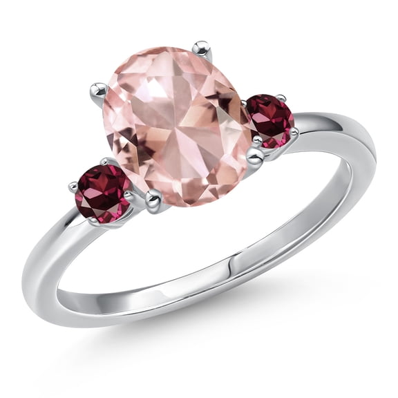 Gem Stone King 14K White Gold Peach Nano Morganite and Red Rhodolite Garnet Engagement Ring for Women | 2.56 Cttw | Oval 10X8MM | Gemstone October Birthstone | Size 6