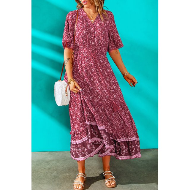 ABPHQTO Vestido De Mujer De Manga Corta Con Pompones Y Estampado Floral Boho Rojo