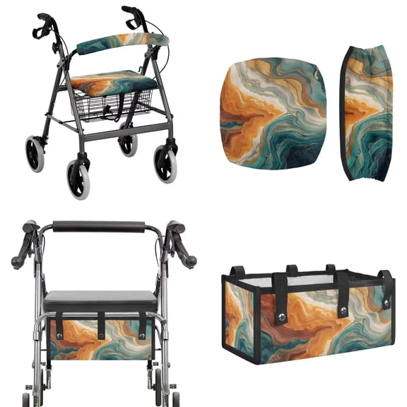 COEQINE Rollator Walker Seat & Backrest Rollbar Covers with Carry Storage Bag 3 Pack Set, Universal Size Decorative Cushion Cover for Women Men Elderly, Yellow Teal Marble