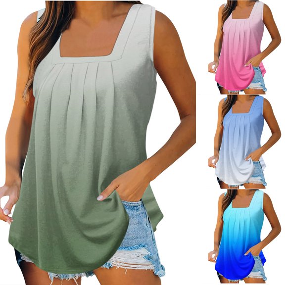 safuny Clearance Summer Women's Trendy Flowy Swing Tunic Tank Top Gradient Cami Top Sleeveless Vest Square Neck Top Elegant Pleated Fit Clothing Fashion Blue XXL
