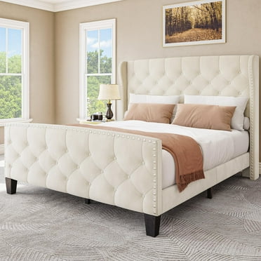 YITAHOME Bed Frame Queen Size, Platform Bed Frame with Velvet Headboard & Wingback & Footboard, Beige Upholstered Bed Frame Mattress Foundation, No Box Spring Needed, Easy Assemble, Beige