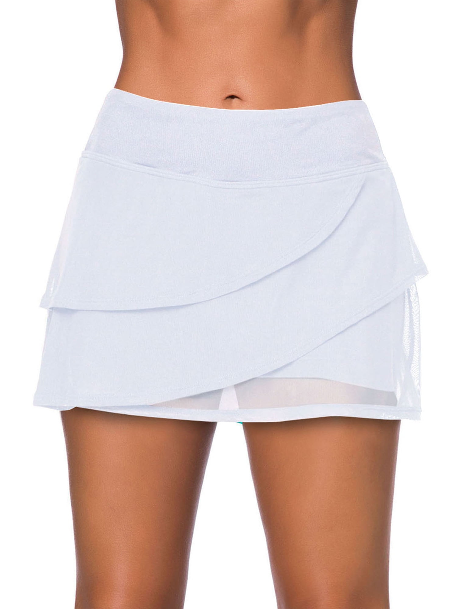Niuer Ladies Swim Skirt Solid Color Bikini Bottoms High Waist Layered
