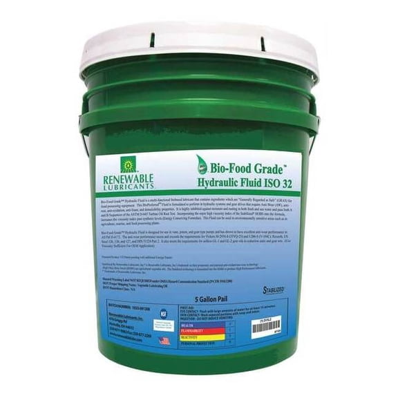 Renewable Lubricants Bio-Food Grade Hydraulic Fluid, 5 gal., ISO 32 87124