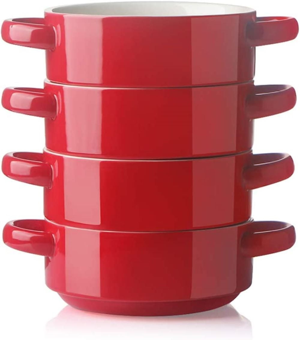 SWEEJAR Ceramic Soup Bowls with Double Handles, 20 Oz Stacked Bowls for